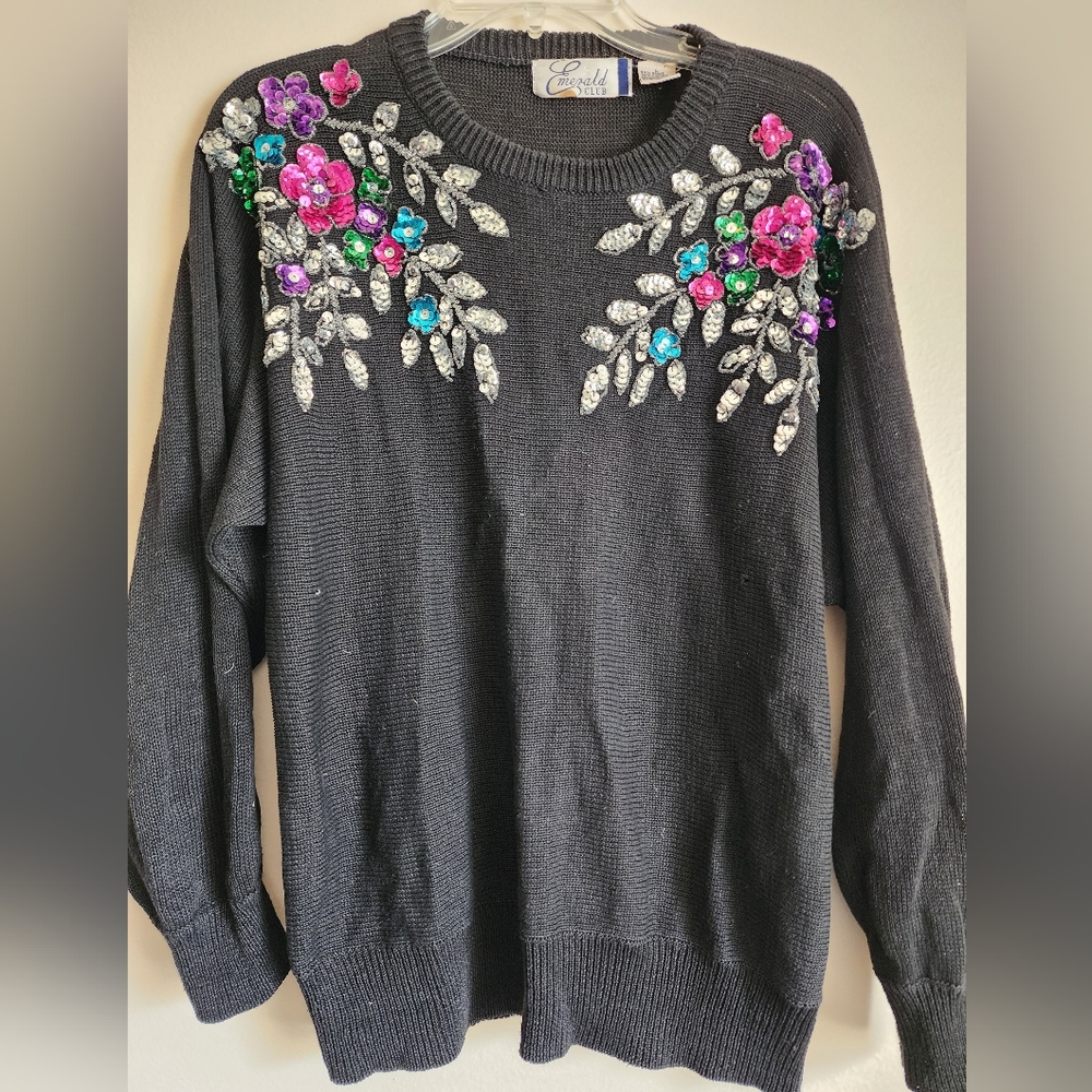 Emerald Black Sweater with Colorful Floral Embellishments